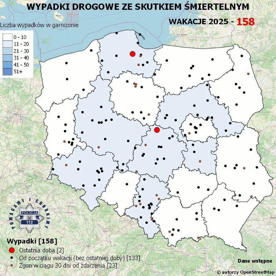 Mapa prezentująca liczbę wypadków poprzedniej doby w Polsce. Prezentowane dane są dostępne w tekście poniżej.
