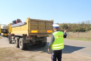 Zdjęcie przedstawia umundurowanego policjanta ruchu drogowego kontrolującego ciężarówkę.