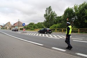 Zdjęcie przedstawia umundurowanego policjanta ruchu drogowego zatrzymującego do kontroli auto.