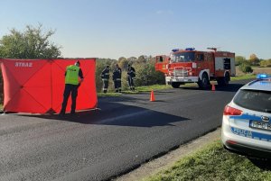 Zdjęcie przedstawia miejsce wypadku. Na pierwszym planie widoczny parawan z napisem straż przed którym stoi policjant. Obok stoją strażacy i wóz straży pożarnej.