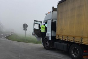 Zdjęcie przedstawia funkcjonariusza Inspekcji Transportu Drogowego kontrolującego auto ciężarowe