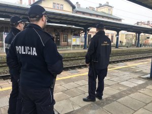 Zdjęcie przedstawia policjantów wspólnie z pracownikami Służby Ochrony Kolei kontrolujących peron kolejowy