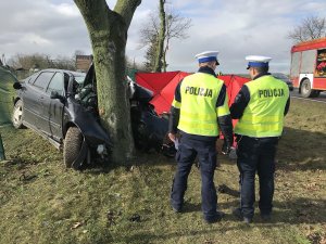 Zdjęcie przedstawia policjantów ruchu drogowego pracujących na miejscu wypadku w Minikowie