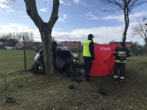 Zdjęcie przedstawia policjanta oraz strażaka pracujących na miejscu wypadku w Minikowie