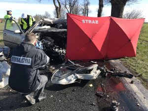 Zdjęcie przedstawia miejsce wypadku i pracujących na miejscu zdarzenia policjantów