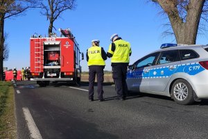 Zdjęcie przedstawia miejsce wypadku i pracujących na miejscu zdarzenia policjantów