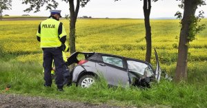 Zdjęcie przedstawia policjantów  ruchu drogowego stojących przy rozbitym aucie osobowym