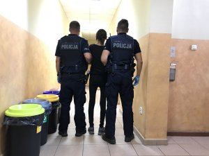 zdjęcie przedstawia zatrzymaną prowadzoną przez umundurowanych policjantów