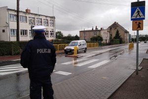 zdjęcie przedstawia umundurowanego policjanta kontrolującego przejście dla pieszych w rejonie szkoły