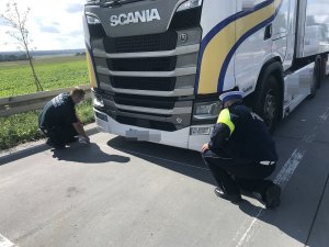 zdjęcie przedstawia policjanta ruchu drogowego sprawdzającego wspólnie z funkcjonariuszem ITD pojazd ciężarowy