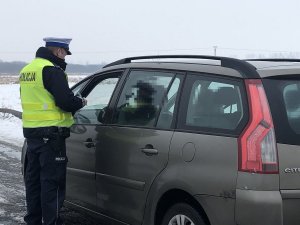policjant kontroluje auto osobowe koloru brązowego