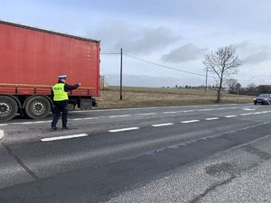 policjant zatrzymuje do kontroli auto stojąc na drodze